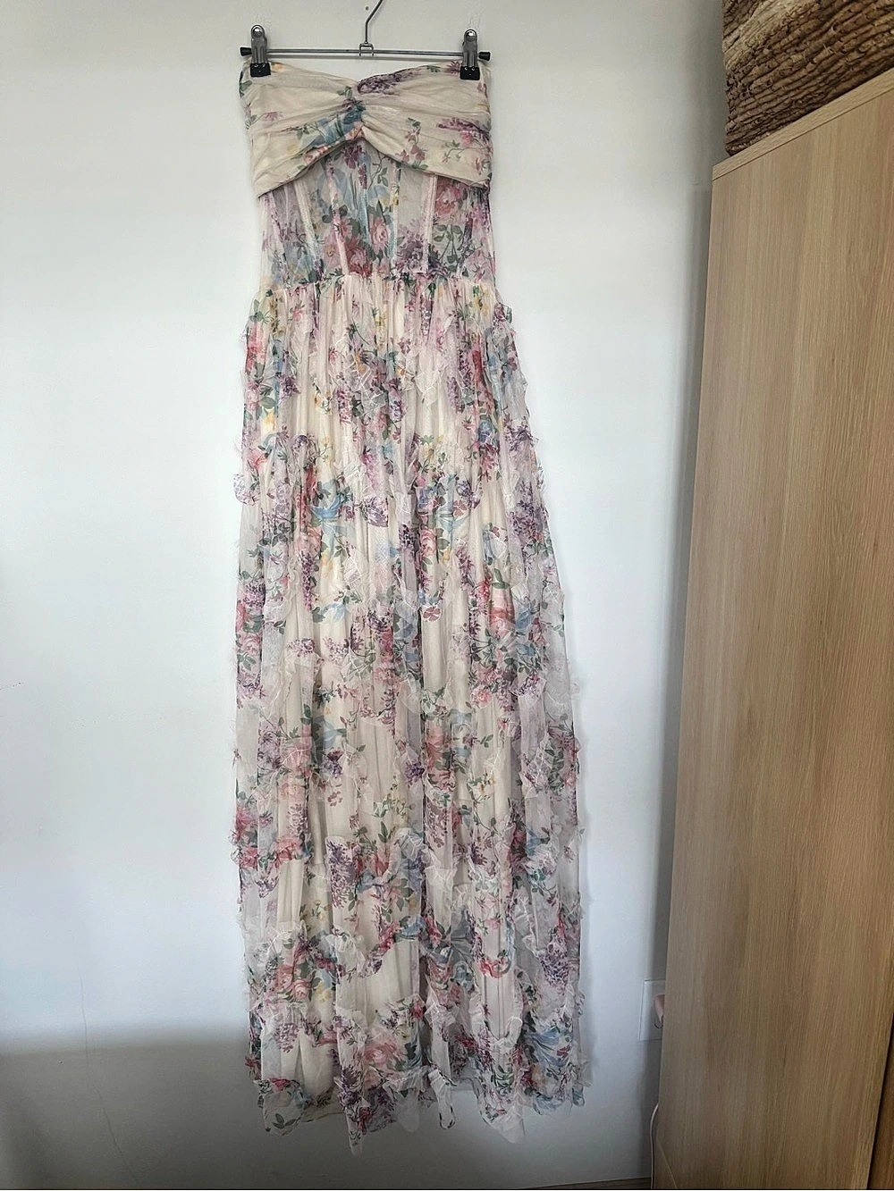 FAERIESTY Floral Bow Maxi Dress in Pink & Cream